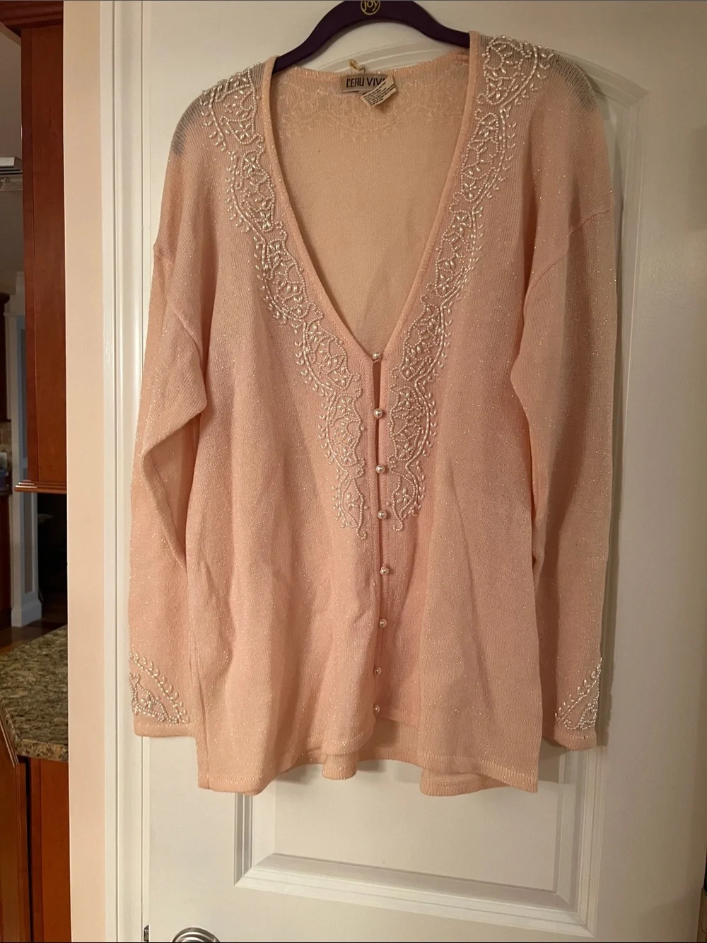ERU VIV Embellished Light Pink V-Neck Cardigan